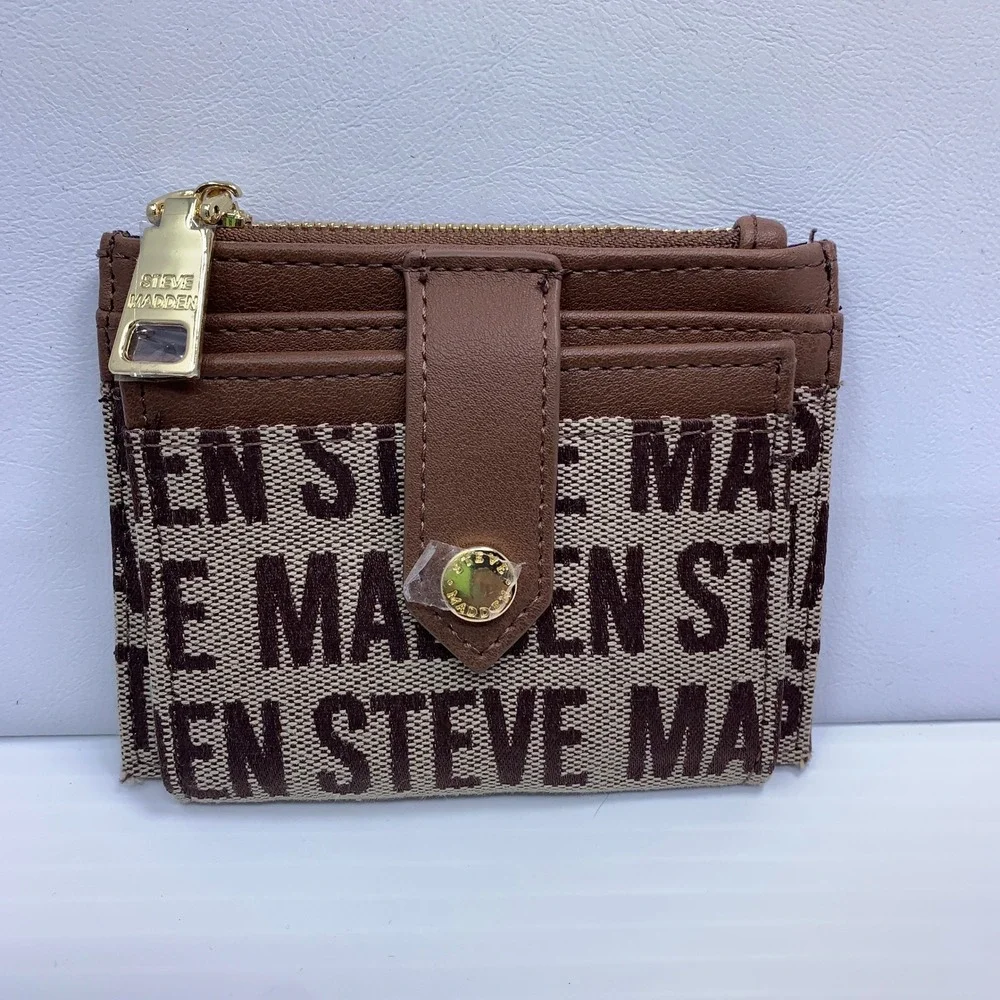 Steve Madden Womens OS Brown Logo Jacquard Zip Card Case Wallet New
